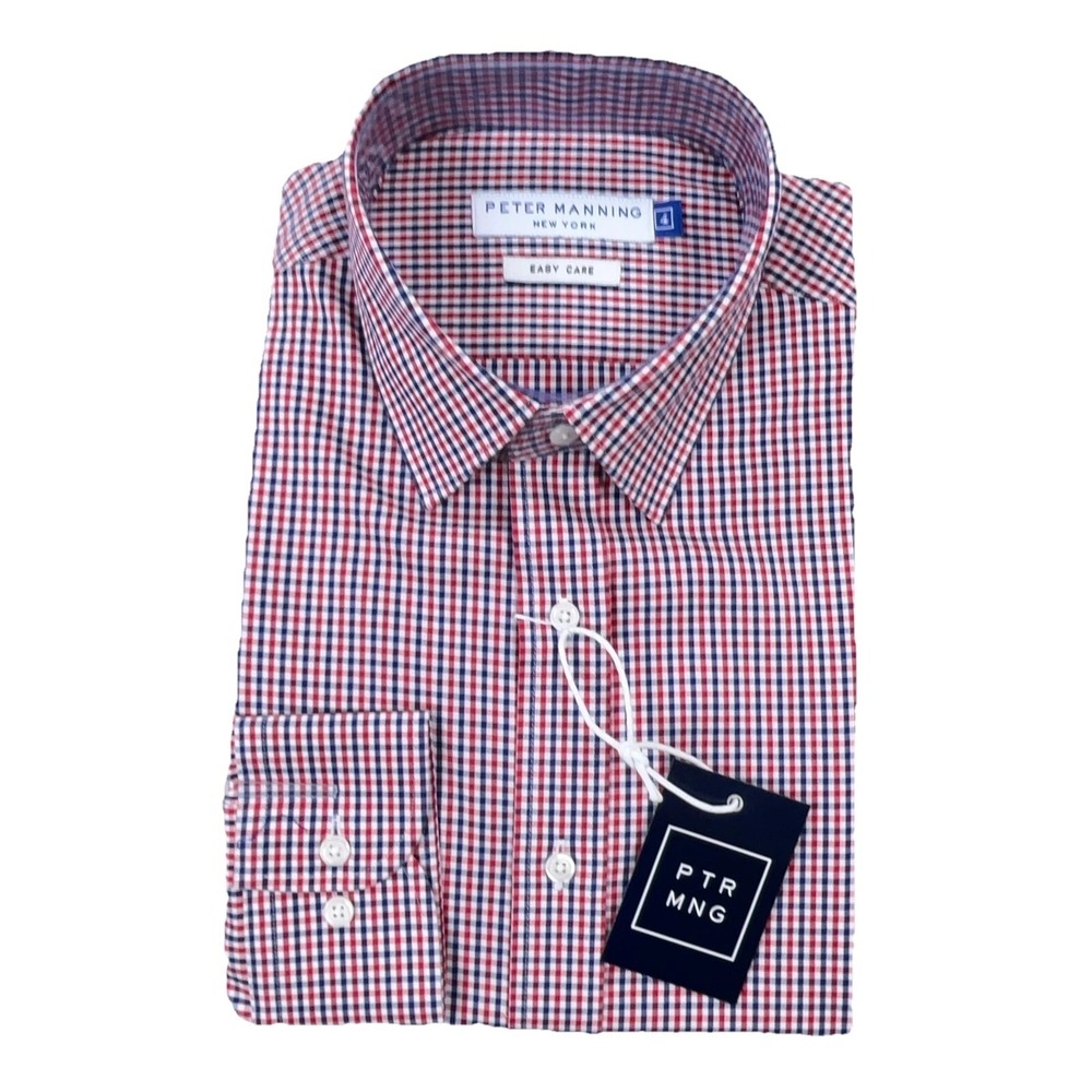 Peter Manning Shirt Men Size 4 Red Blue Button Up Everyday Tattersall Standard B